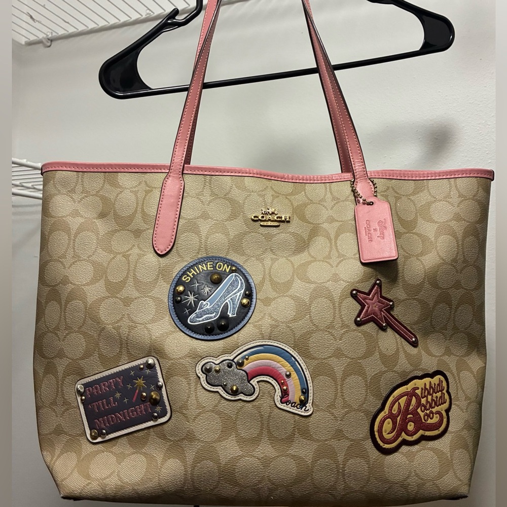 Coach x Disney Beige Cinderella Themed Tote with Pink Handles and Fun Patches
